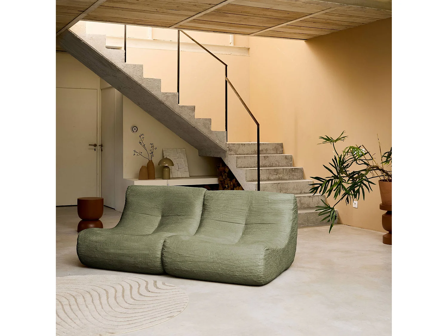 Sofá modular de pana, 2 plazas verde kaki