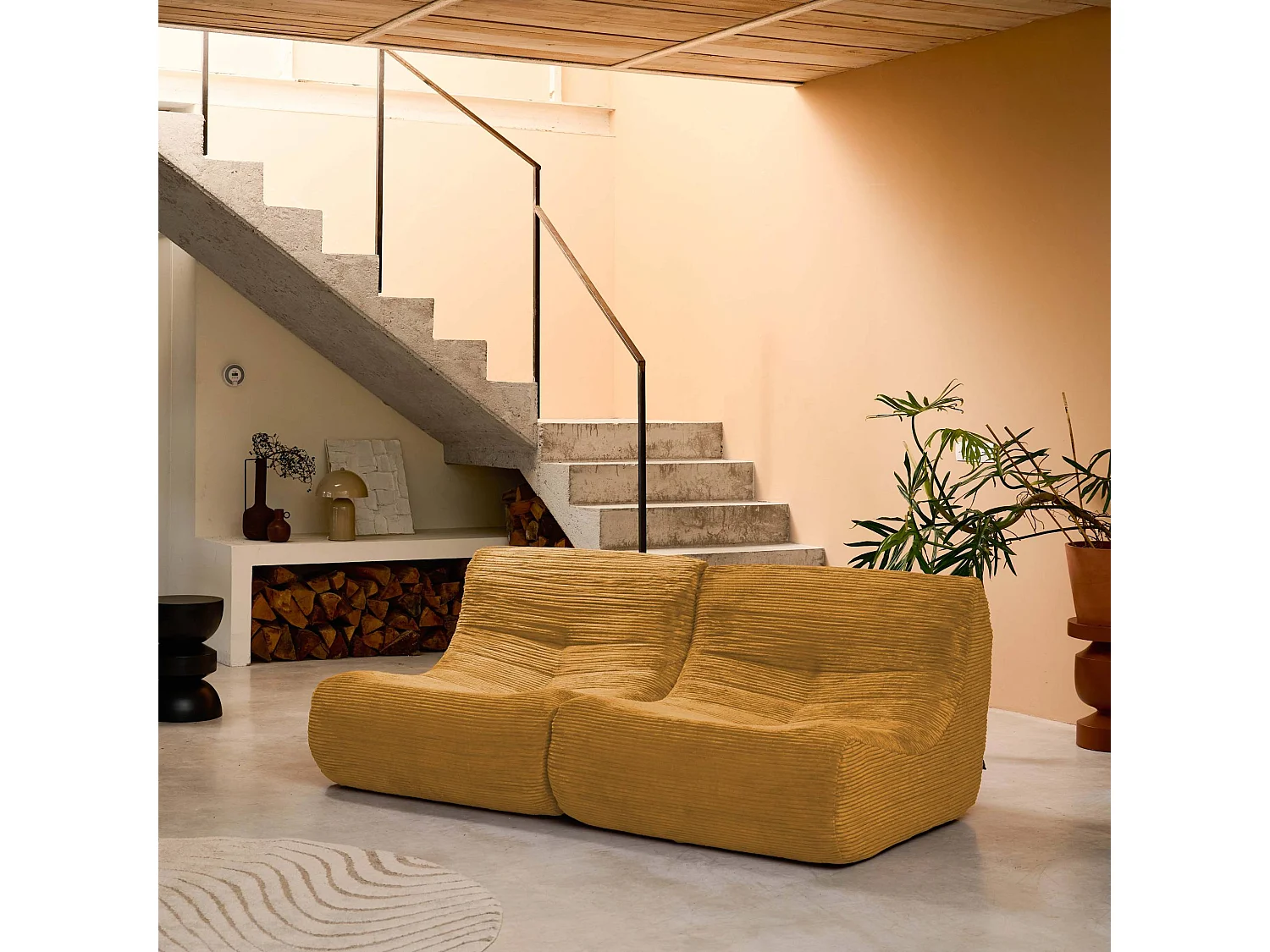 Chauffeuse velours côtelé 2 places moutarde L 91 x P 105 x H 72 cm - SOKOL