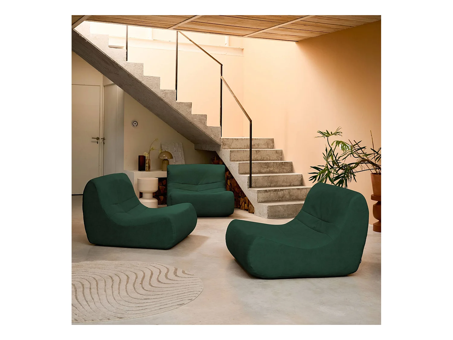 Fauteuil chauffeuse en velours style contemporain 3 places vert