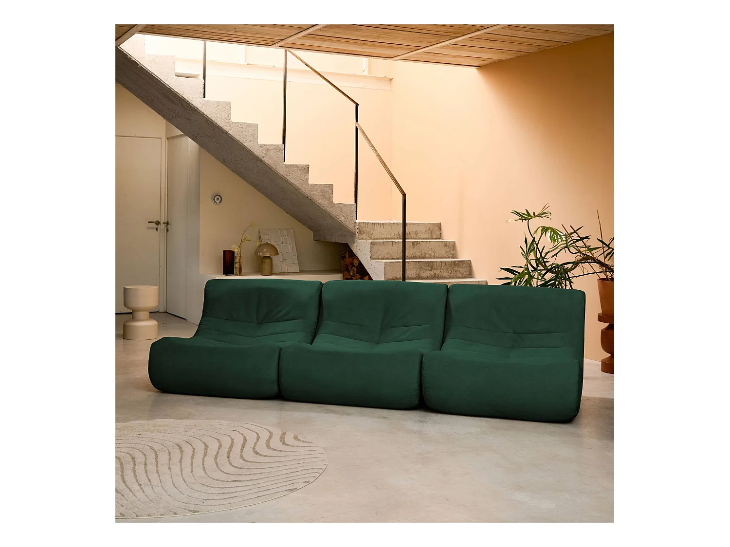 Fauteuil chauffeuse en velours style contemporain 3 places vert