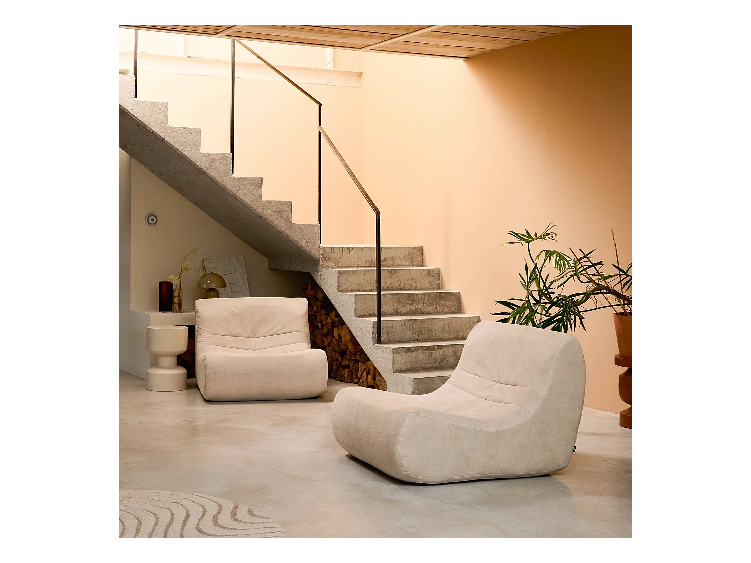 Fauteuil chauffeuse en velours style contemporain 2 places beige