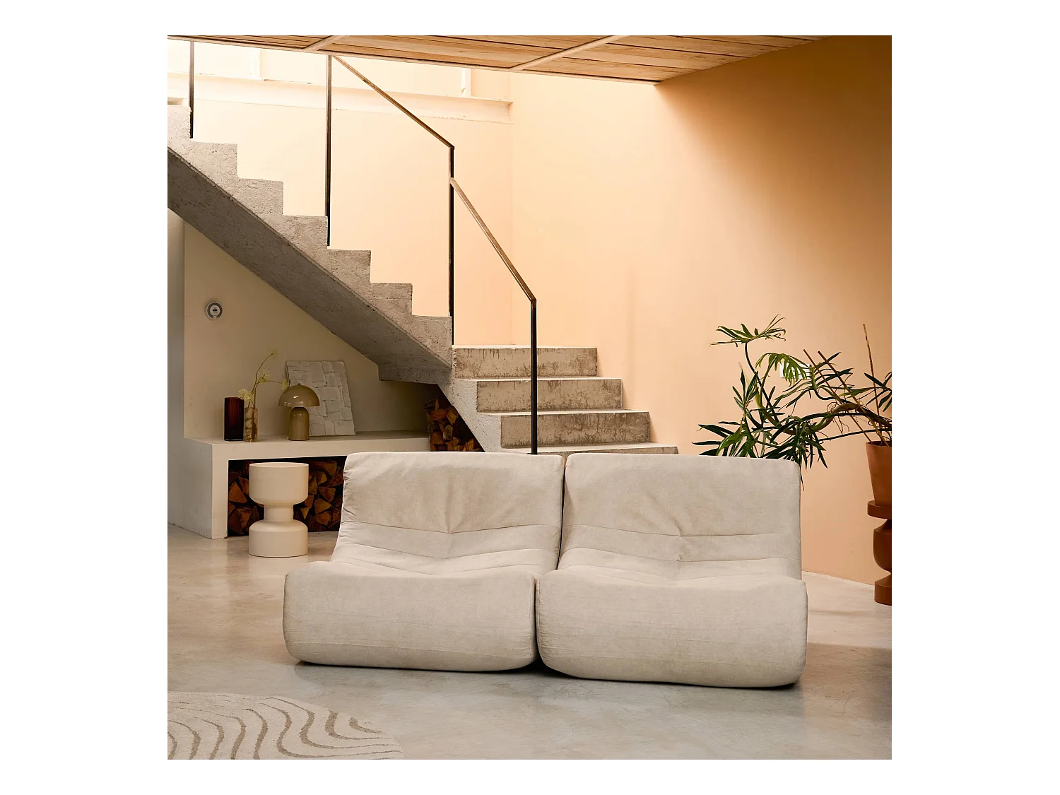 Fauteuil chauffeuse en velours style contemporain 2 places beige