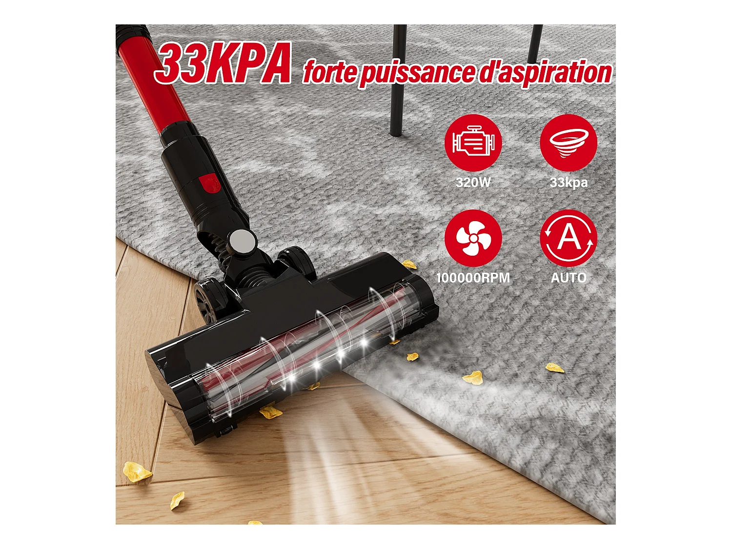 Aspirateur Balai sans Fil, 33Kpa, 320W, Noir