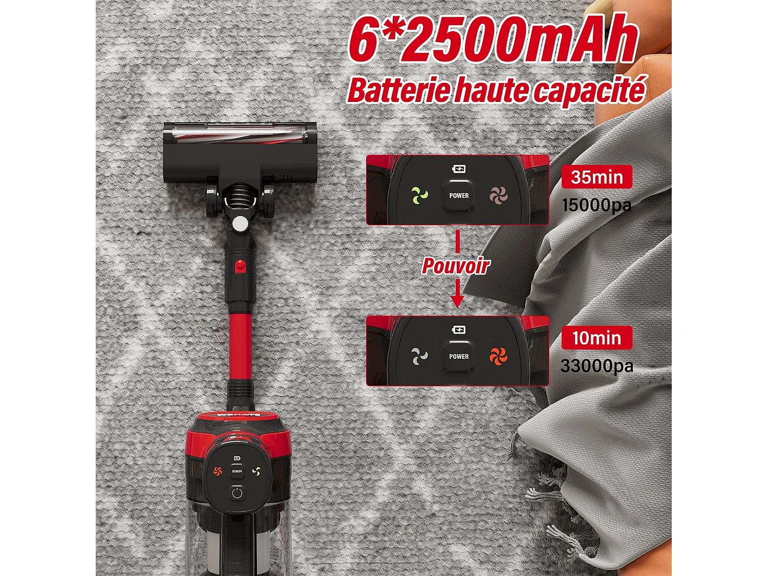 Aspirateur Balai sans Fil, 33Kpa, 320W, Noir