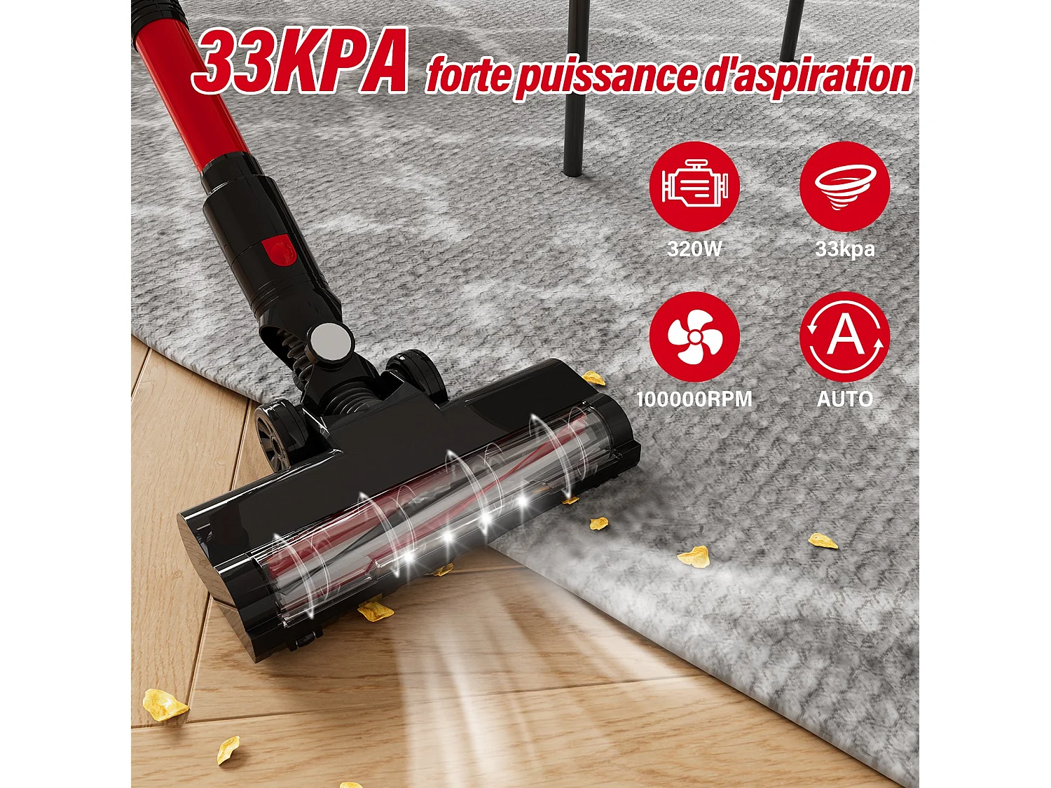 Aspirateur Balai sans Fil, 33Kpa, 320W, Noir