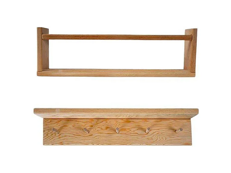 Etagère murale en pin Bly 1 étagère simple et 1 étagère avec crochets