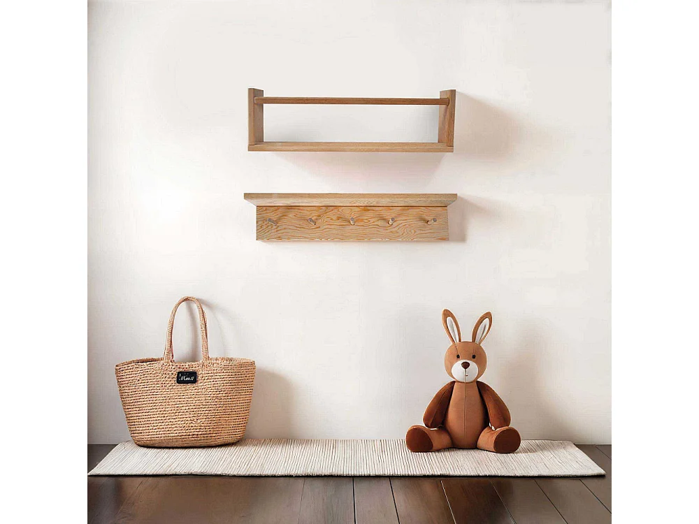 Etagère murale en pin Bly 1 étagère simple et 1 étagère avec crochets