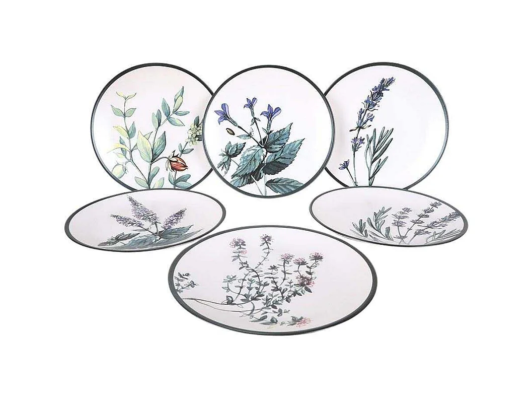 Lot de 6 grandes assiettes Olya D25cm Céramique Motif Plantes