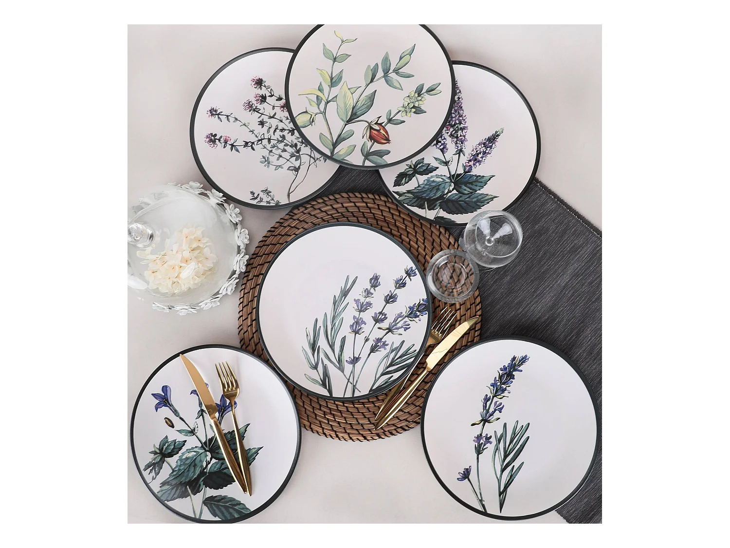 Lot de 6 grandes assiettes Olya D25cm Céramique Motif Plantes