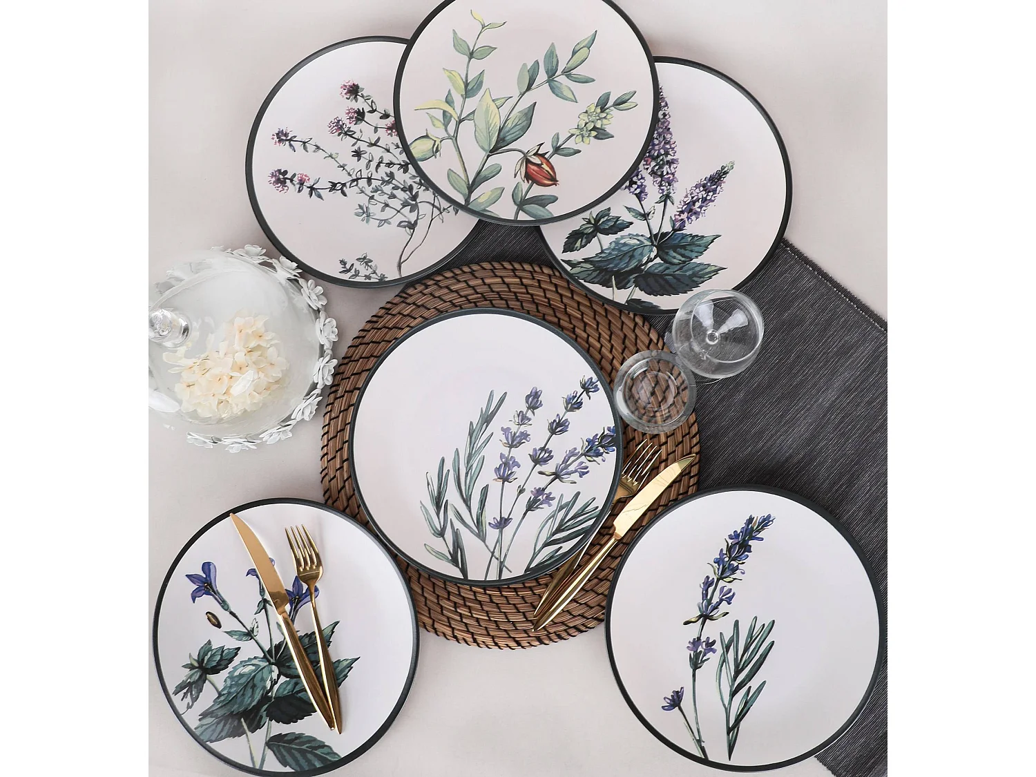 Lot de 6 grandes assiettes Olya D25cm Céramique Motif Plantes