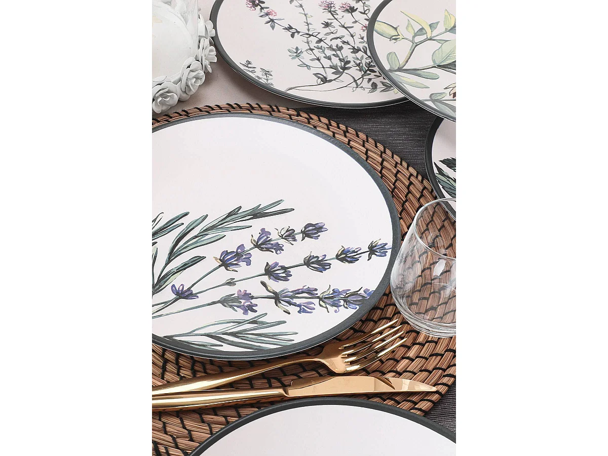 Lot de 6 grandes assiettes Olya D25cm Céramique Motif Plantes