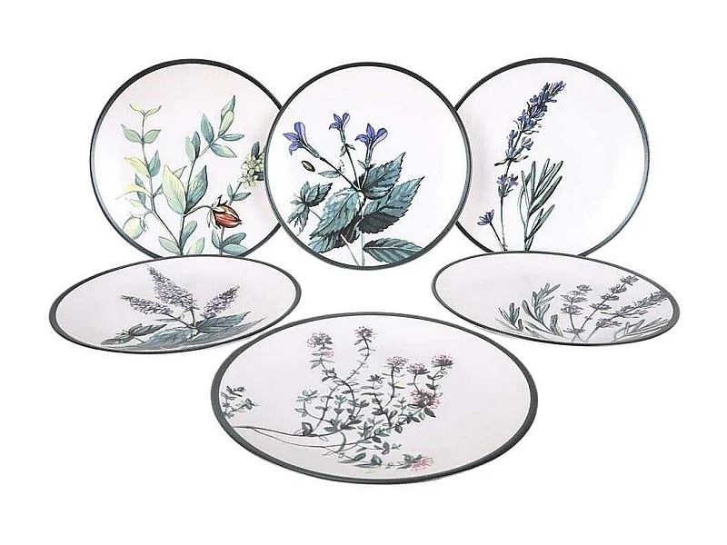 Lot de 6 grandes assiettes Olya D25cm Céramique Motif Plantes
