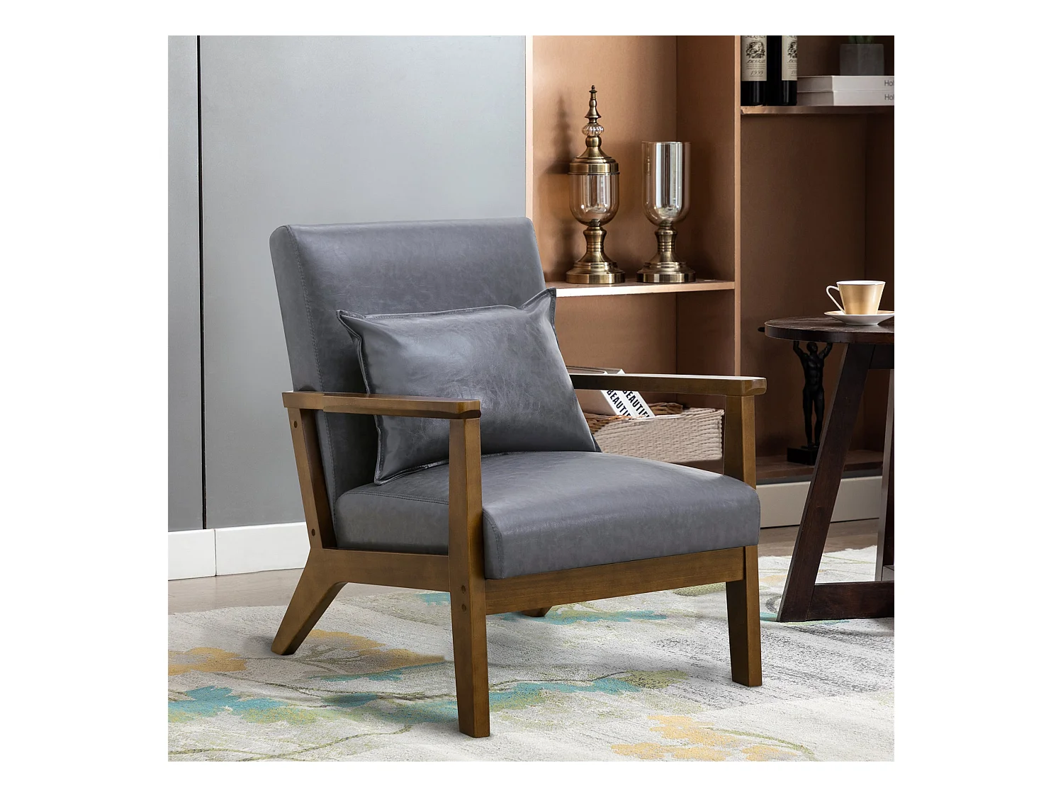 Fauteuil rembourré style vintage en bois massif – Chaise de bureau/chambre (68,5 x 81 x 80 cm) en simili-cuir gris