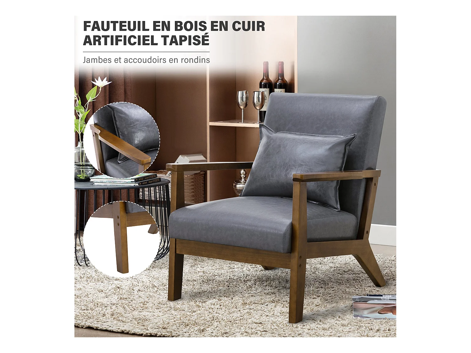 Fauteuil rembourré style vintage en bois massif – Chaise de bureau/chambre (68,5 x 81 x 80 cm) en simili-cuir gris
