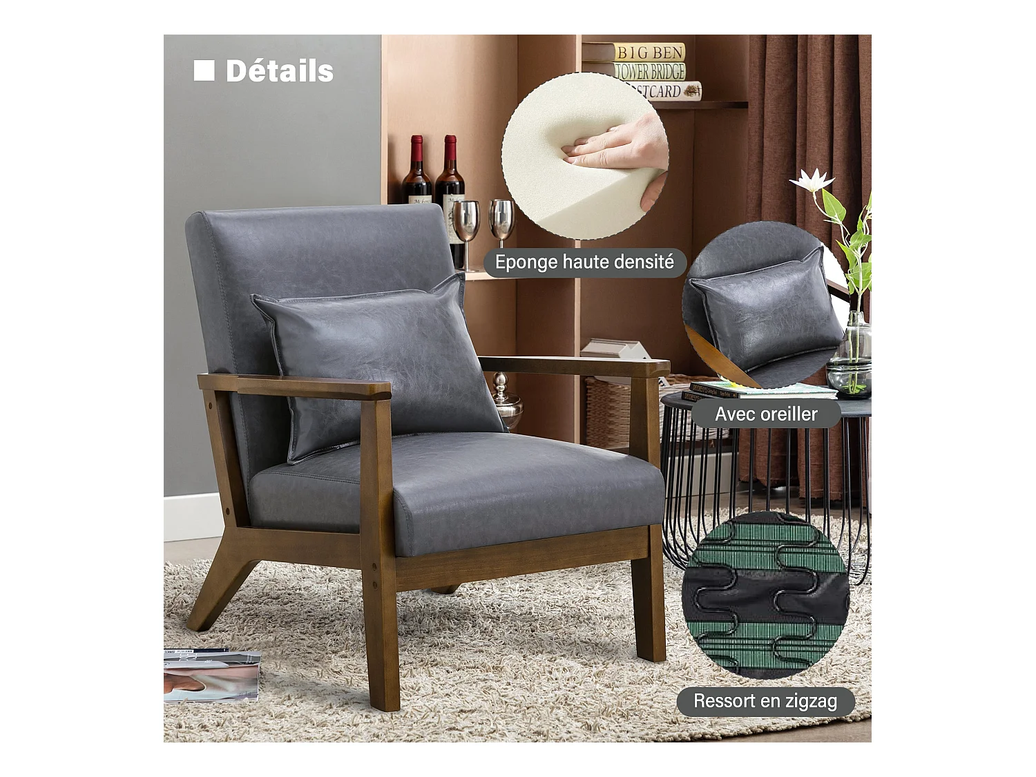 Fauteuil rembourré style vintage en bois massif – Chaise de bureau/chambre (68,5 x 81 x 80 cm) en simili-cuir gris