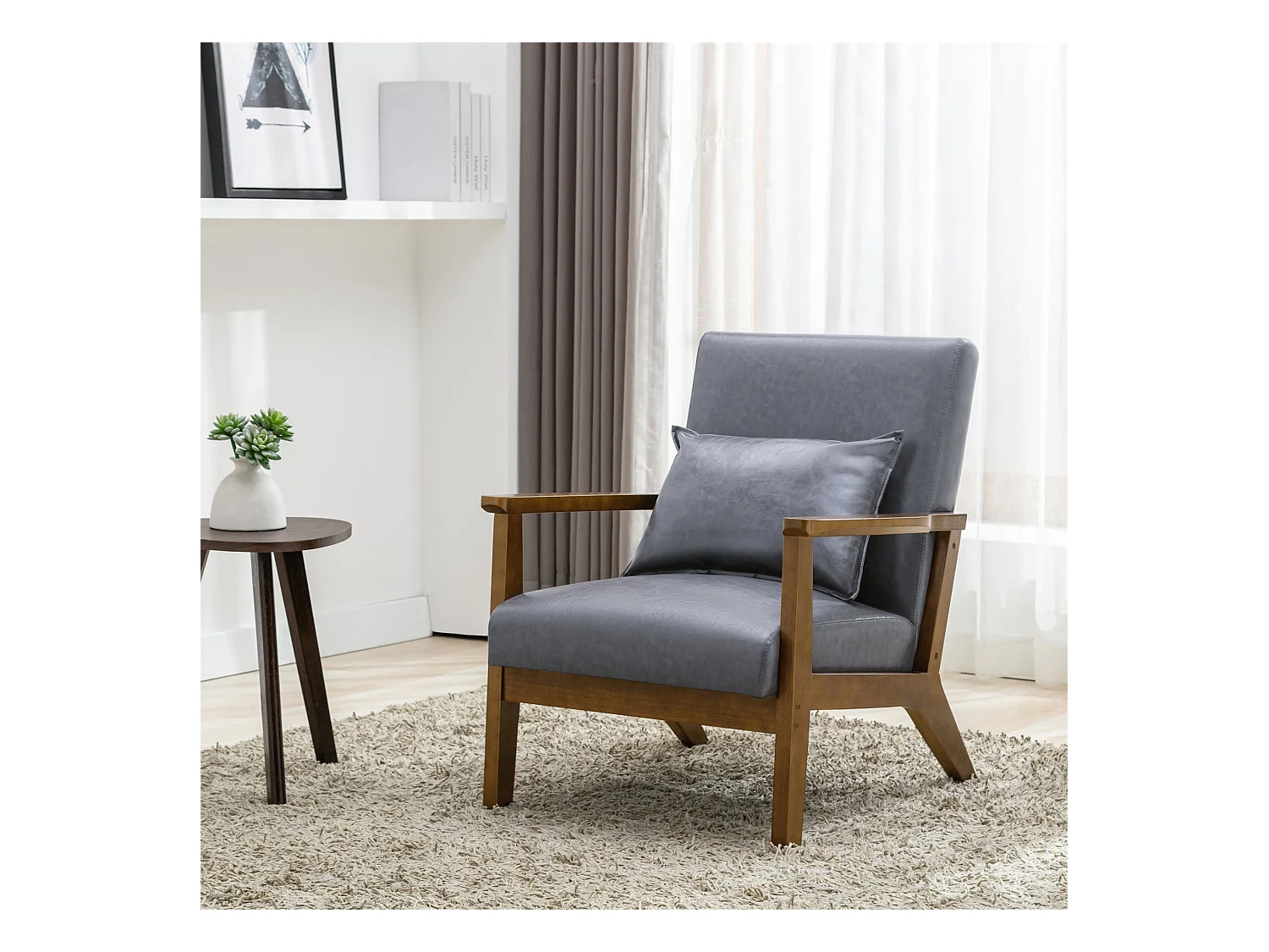 Fauteuil rembourré style vintage en bois massif – Chaise de bureau/chambre (68,5 x 81 x 80 cm) en simili-cuir gris