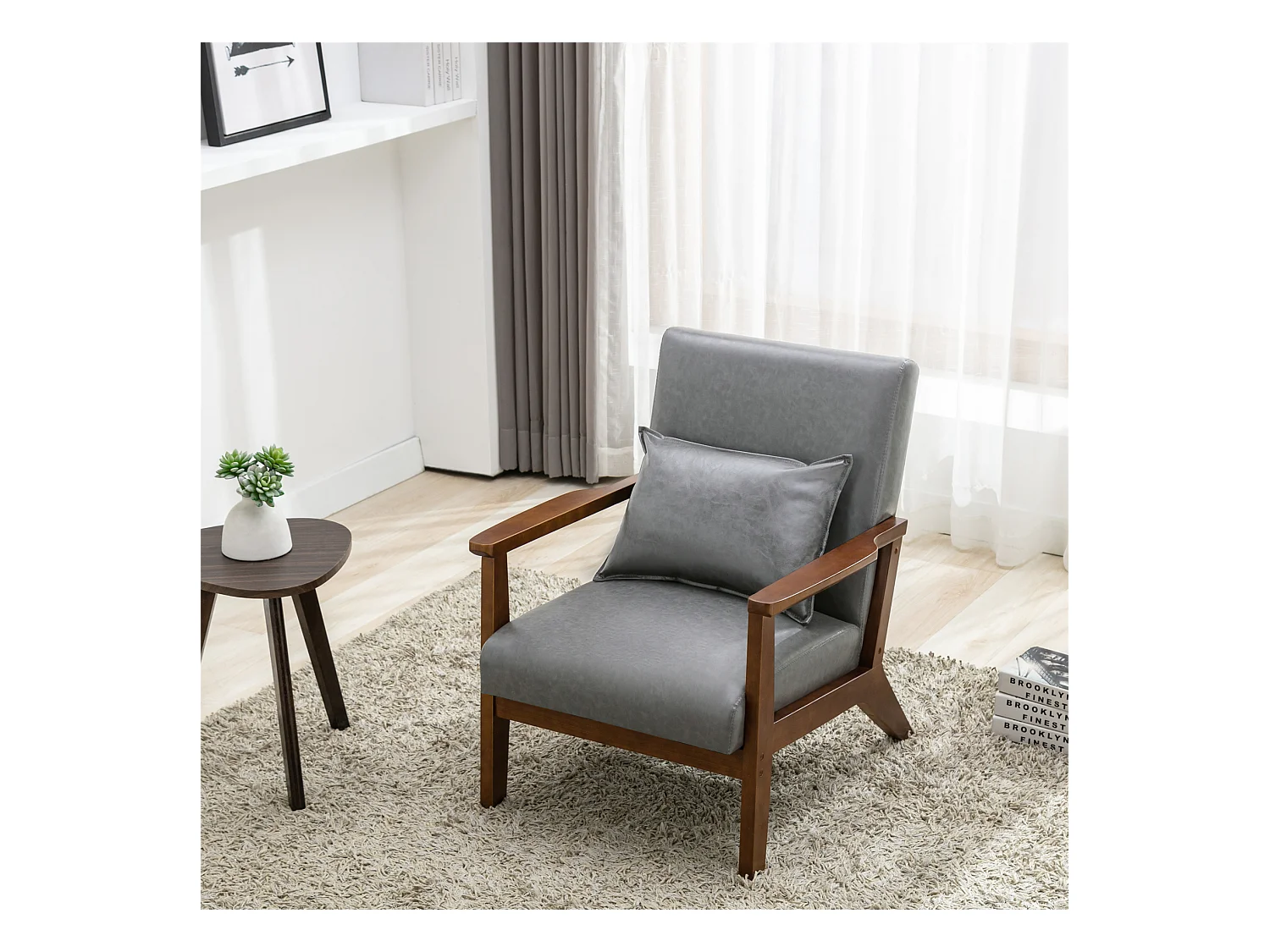 Fauteuil rembourré style vintage en bois massif – Chaise de bureau/chambre (68,5 x 81 x 80 cm) en simili-cuir gris