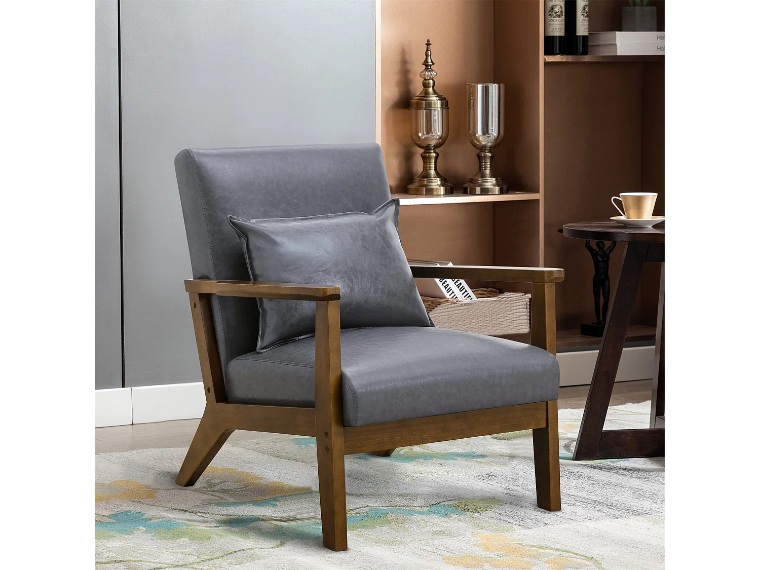 Fauteuil rembourré style vintage en bois massif – Chaise de bureau/chambre (68,5 x 81 x 80 cm) en simili-cuir gris