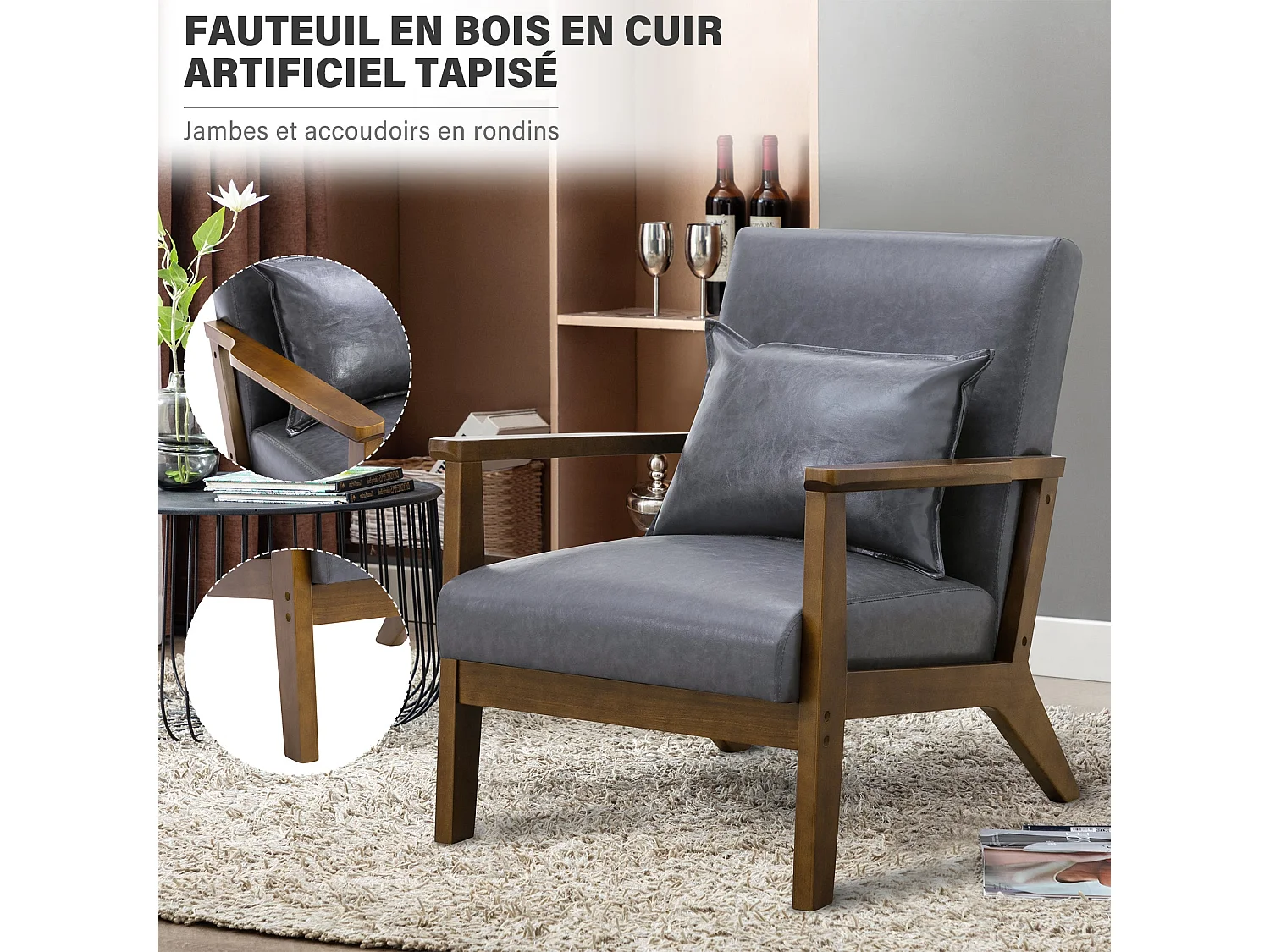 Fauteuil rembourré style vintage en bois massif – Chaise de bureau/chambre (68,5 x 81 x 80 cm) en simili-cuir gris