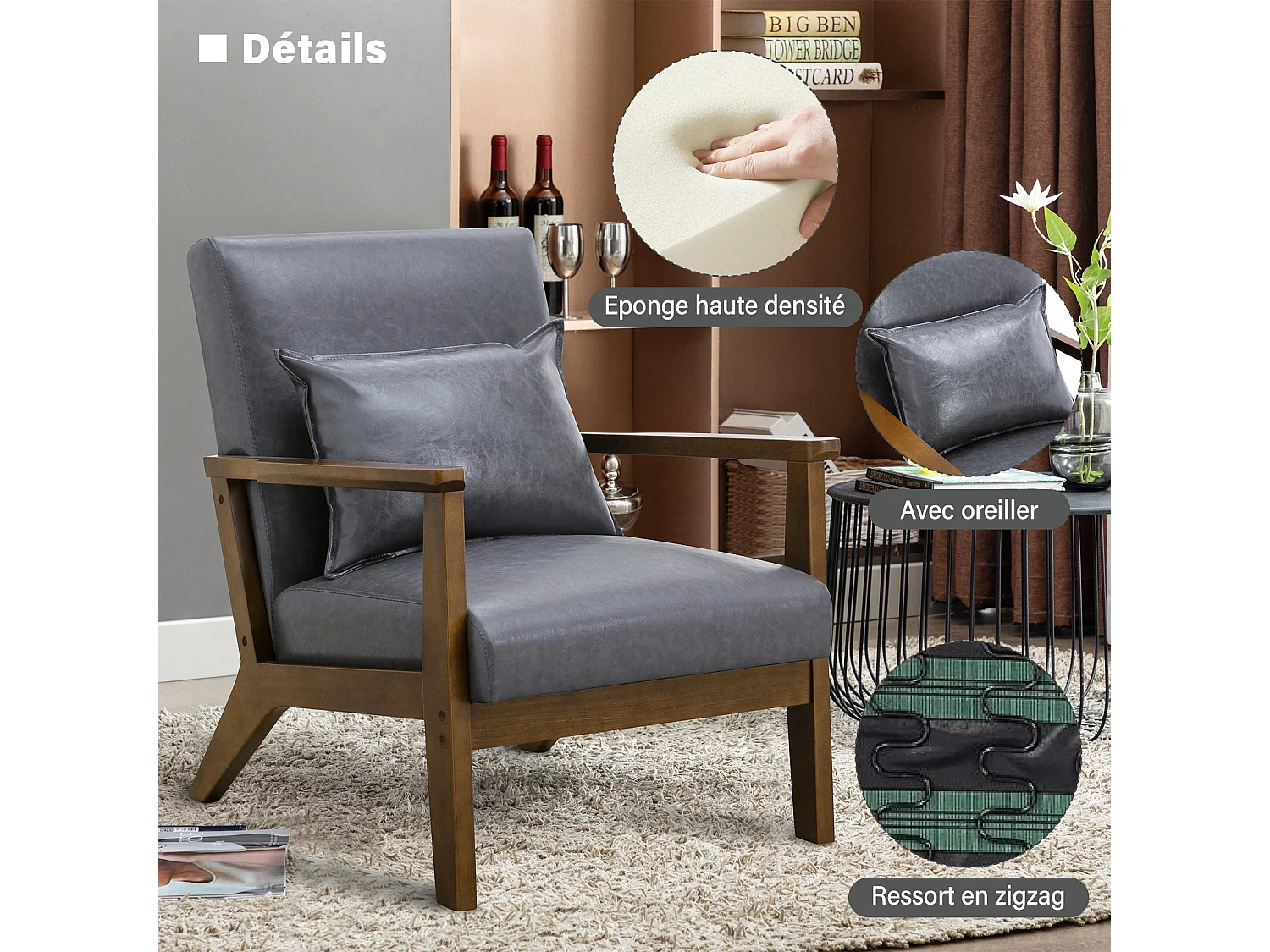 Fauteuil rembourré style vintage en bois massif – Chaise de bureau/chambre (68,5 x 81 x 80 cm) en simili-cuir gris