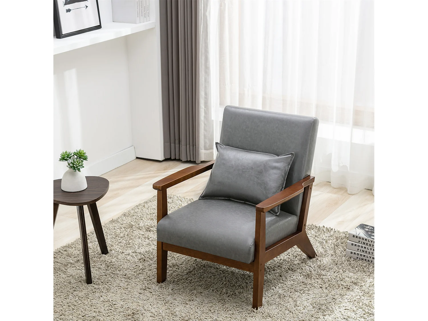 Fauteuil rembourré style vintage en bois massif – Chaise de bureau/chambre (68,5 x 81 x 80 cm) en simili-cuir gris