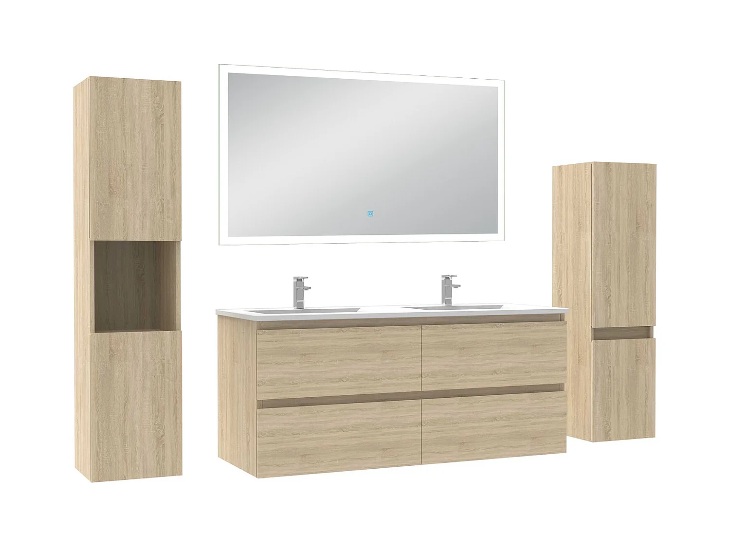 AICA Ensemble de meubles de salle de bain 120cm double vasque avec colonne et miroir lumineux dimmable chêne wotan