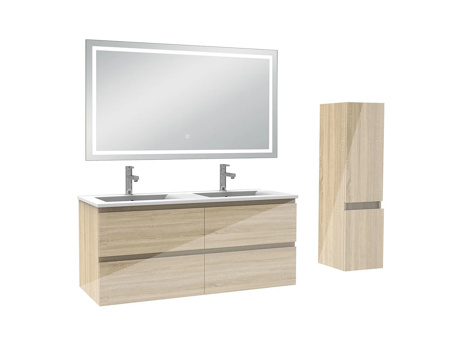 AICA Ensemble de meubles de salle de bain 120cm Vasque céramique + meuble  haut + miroir lumineux tricolore, Suspendu, Brillance, Chêne