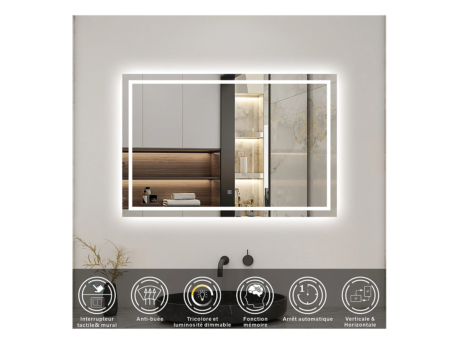 AICA Ensemble de meubles de salle de bain 120cm Vasque céramique + meuble  haut + miroir lumineux tricolore, Suspendu, Brillance, Chêne