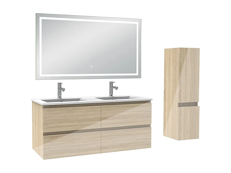 AICA Ensemble de meubles de salle de bain 120cm Vasque céramique + meuble  haut + miroir lumineux tricolore, Suspendu, Brillance, Chêne