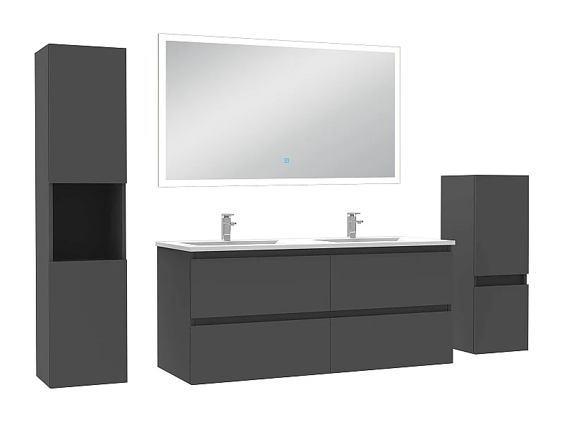 AICA Ensemble de meubles de salle de bain 120cm avec double vasque et colonne et miroir led 3 couleurs + Dimmable Anthracite