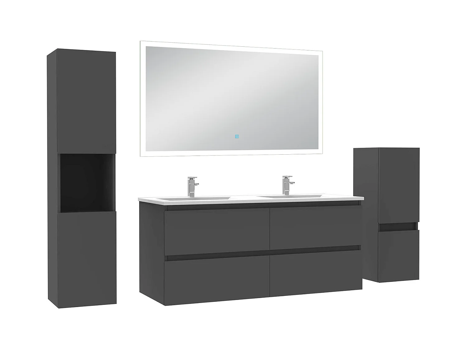 AICA Ensemble de meubles de salle de bain 120cm avec double vasque et colonne et miroir led 3 couleurs + Dimmable Anthracite