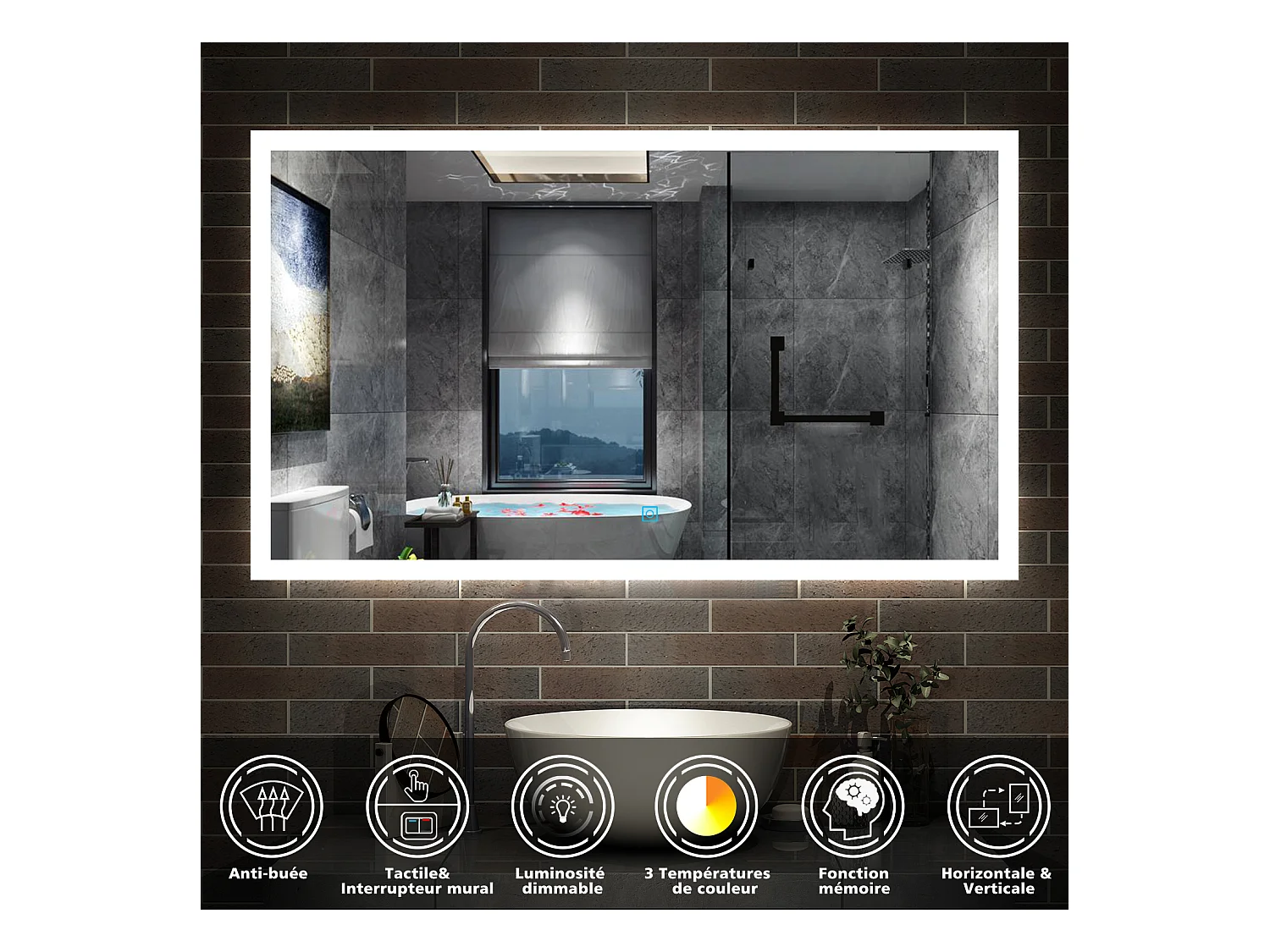 AICA Ensemble de meubles de salle de bain 120cm avec double vasque et colonne et miroir led 3 couleurs + Dimmable Anthracite