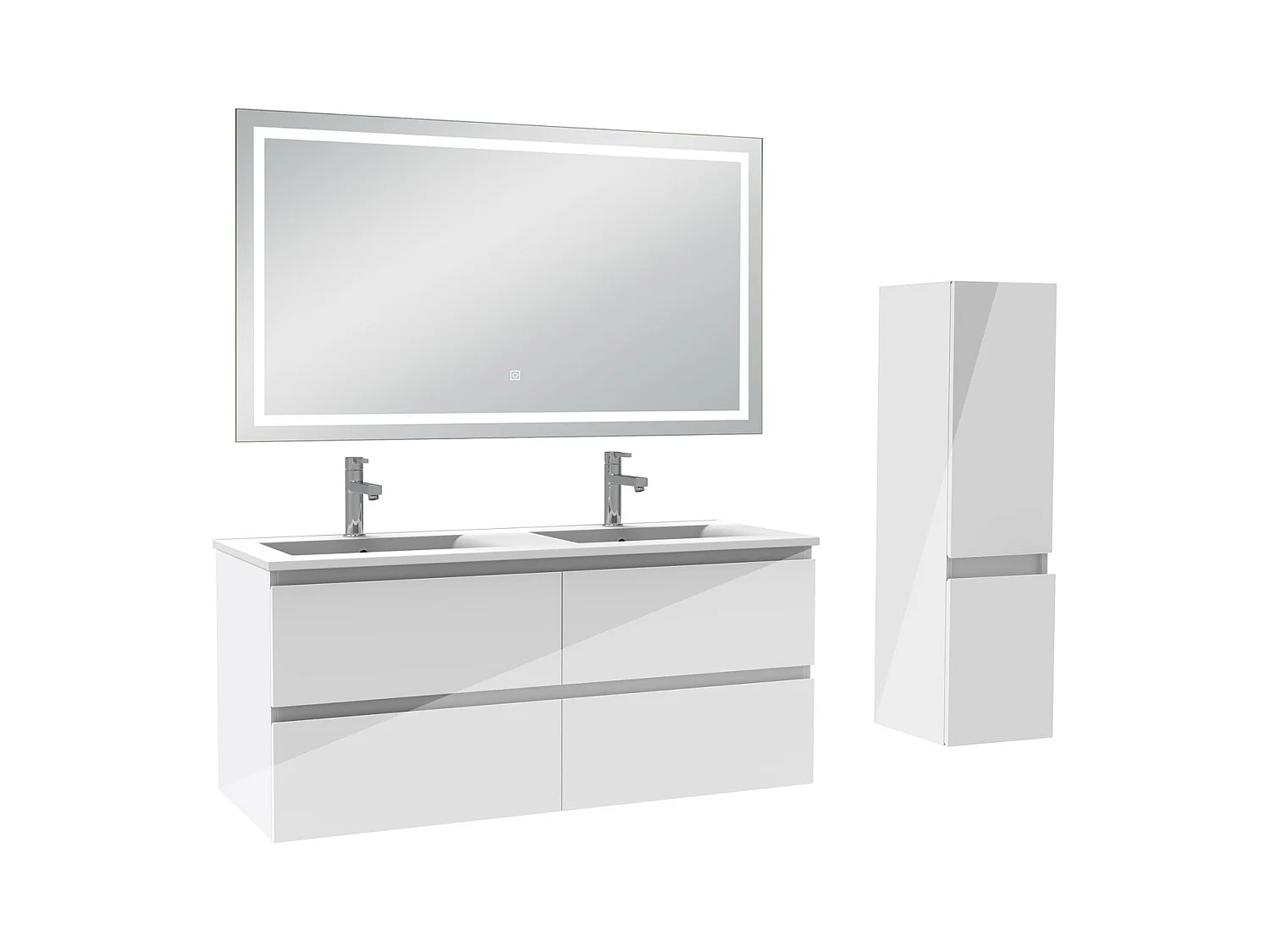 AICA Ensemble de meubles de salle de bain 120cm Vasque céramique + meuble  haut + miroir lumineux tricolore, Suspendu, Brillance, Blanc