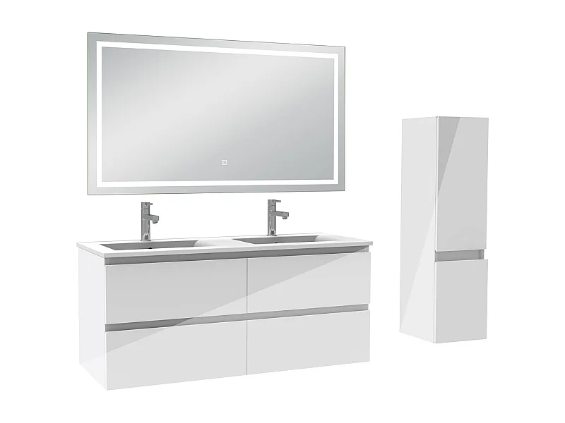 AICA Ensemble de meubles de salle de bain 120cm Vasque céramique + meuble  haut + miroir lumineux tricolore, Suspendu, Brillance, Blanc