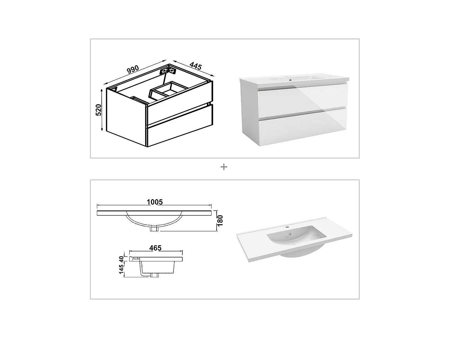 AICA Ensemble de meubles de salle de bain 100 cm avec vasque suspendu 2 portes, Brillance, Blanc