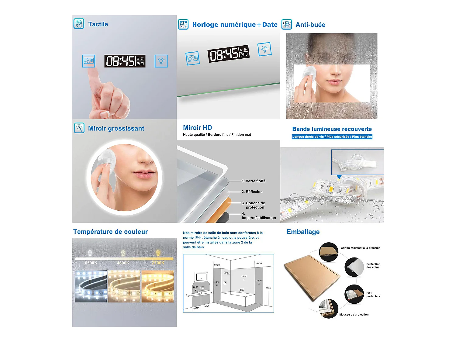 AICA Miroir LED Rond 80cm Tricolore + Dimmable + Horloge + Loupe + Fonction Mémoire + Anti-Buée