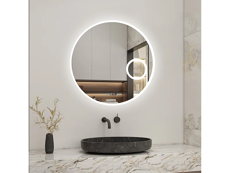 AICA Miroir LED Rond 80cm Tricolore + Dimmable + Horloge + Loupe + Fonction Mémoire + Anti-Buée