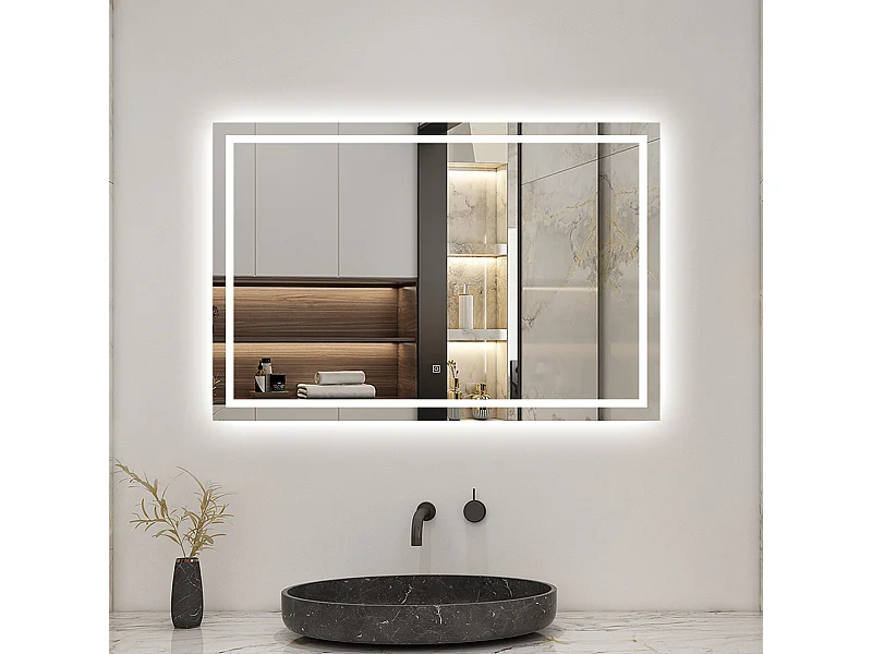 AICA Miroir 120x80cm Tricolore + Dimmable, Miroir lumineux avec Anti-Buée + Mémoire, IP44 HD Verre Miroir-Mural