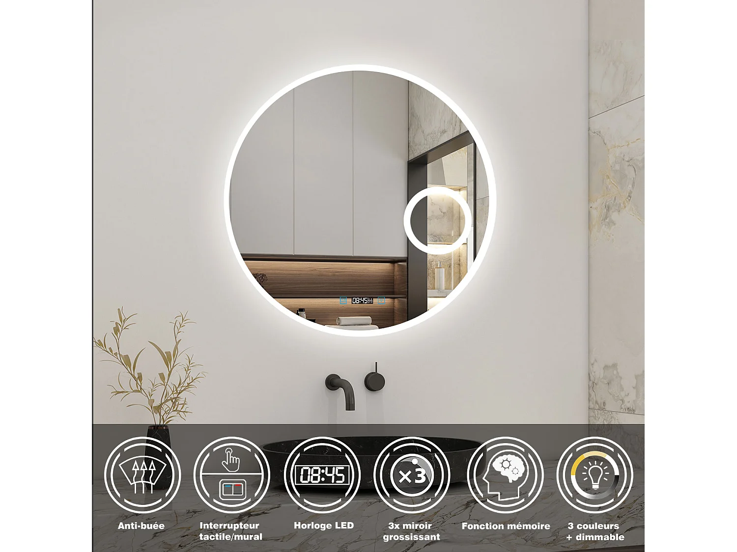 AICA Miroir LED Rond 60cm Tricolore + Dimmable + Horloge + 3x Loupe + Fonction Mémoire + Anti-Buée