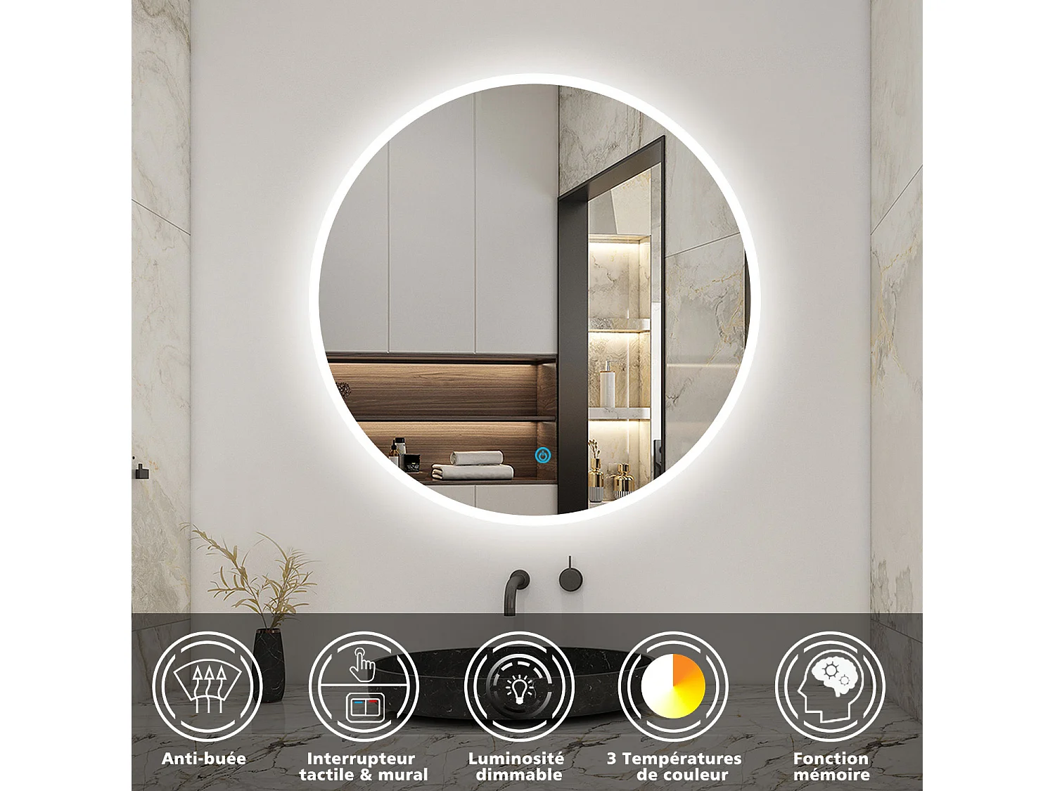 AICA Miroir Rond 60cm Dimmable avec 3 couleurs,Anti-buée, Fonction Mémoire，IP44 HD Verre Miroir-Mural