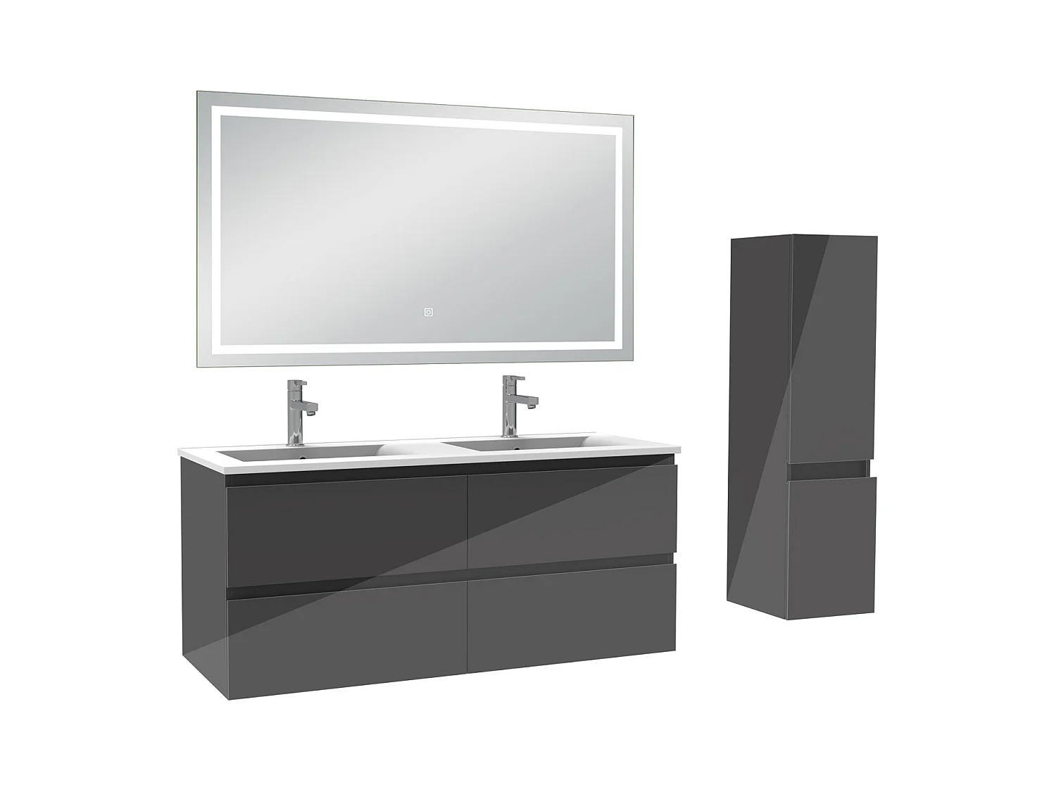 AICA Ensemble de meubles de salle de bain 120cm Vasque céramique + meuble  haut + miroir lumineux tricolore, Suspendu, Brillance, Anthracite