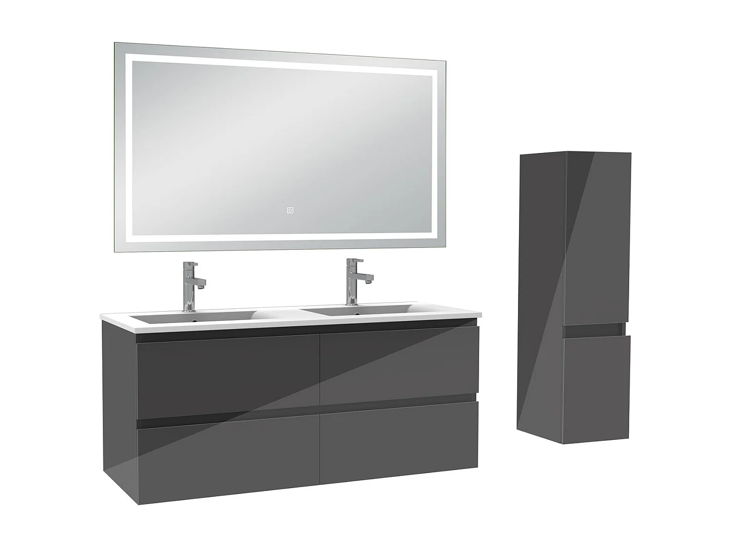 AICA Ensemble de meubles de salle de bain 120cm Vasque céramique + meuble  haut + miroir lumineux tricolore, Suspendu, Brillance, Anthracite