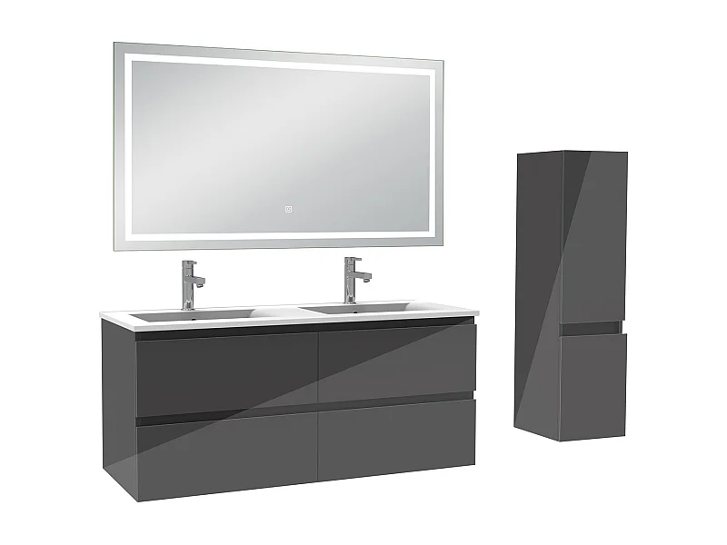 AICA Ensemble de meubles de salle de bain 120cm Vasque céramique + meuble  haut + miroir lumineux tricolore, Suspendu, Brillance, Anthracite