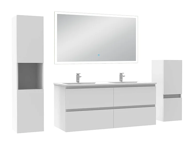 AICA Ensemble de meubles de salle de bain 120cm avec double vasque et colonne et miroir lumineux 3 couleurs + Dimmable Blanc