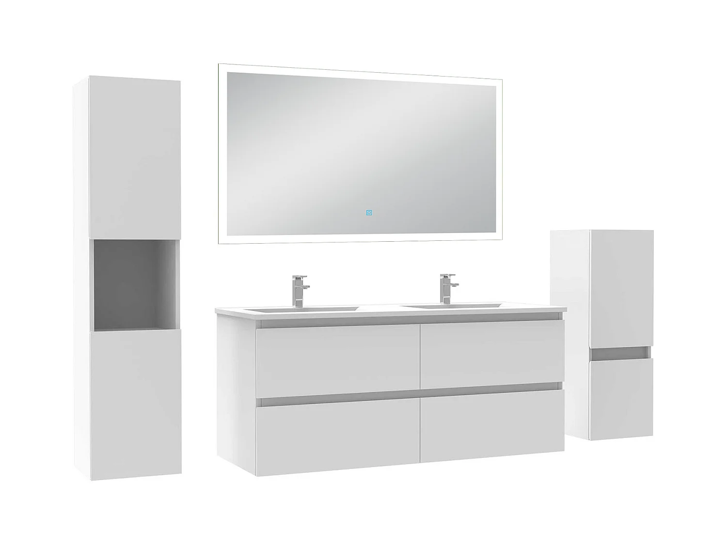 AICA Ensemble de meubles de salle de bain 120cm avec double vasque et colonne et miroir lumineux 3 couleurs + Dimmable Blanc