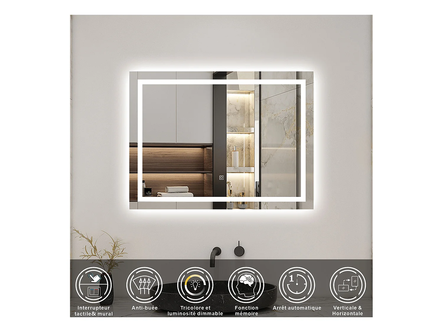 AICA Miroir 100x60cm Tricolore + Dimmable， Miroir lumineux avec Anti-Buée + Mémoire, IP44 HD Verre Miroir-Mural