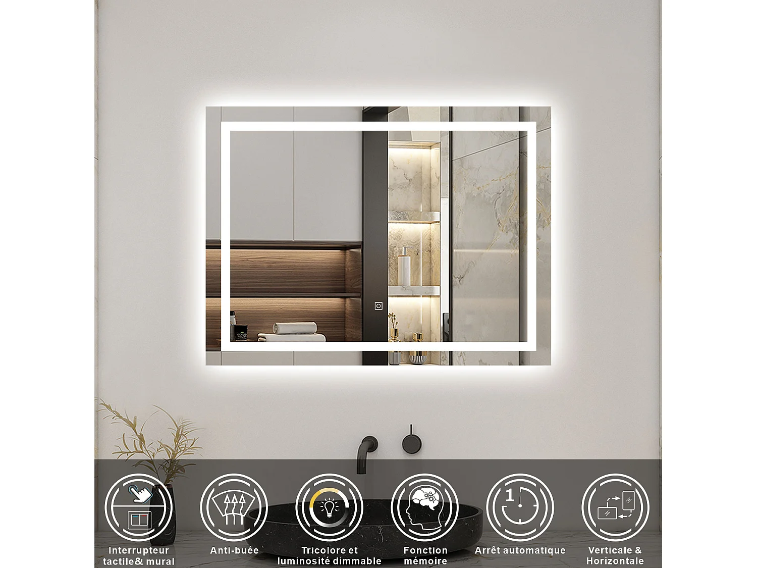AICA Miroir 100x60cm Tricolore + Dimmable， Miroir lumineux avec Anti-Buée + Mémoire, IP44 HD Verre Miroir-Mural