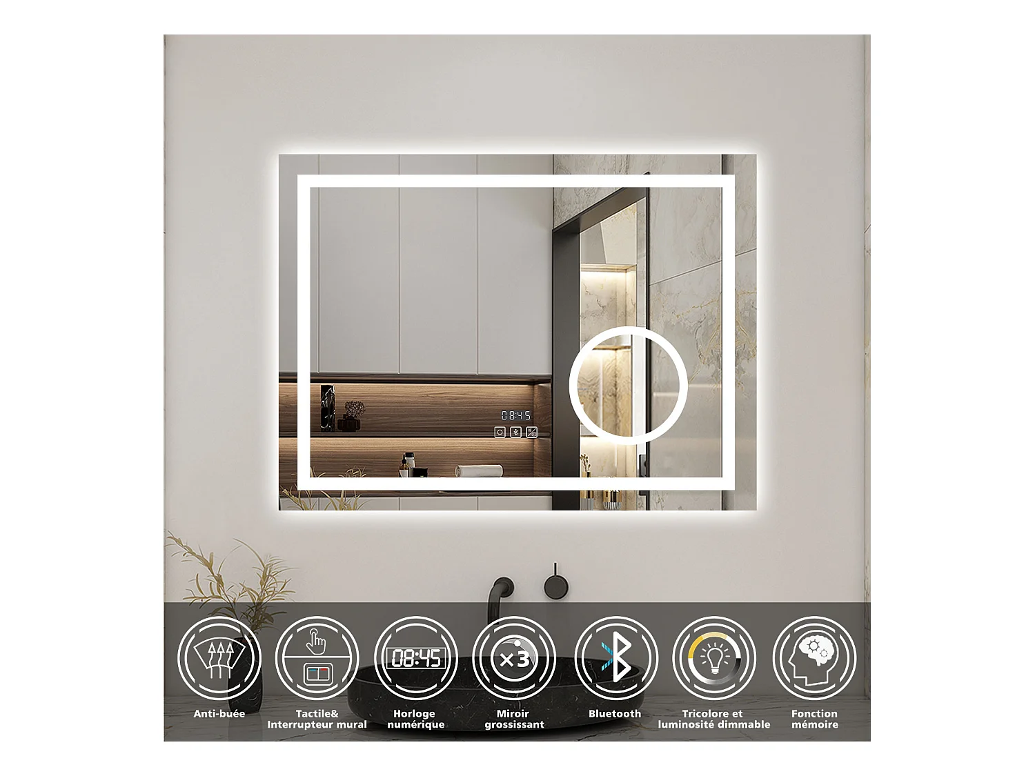 AICA Miroir 100x60cm LED Tricolore + Dimmable + 3x Loupe + Bluetooth + Horloge + Mémoire + Anti-Buée