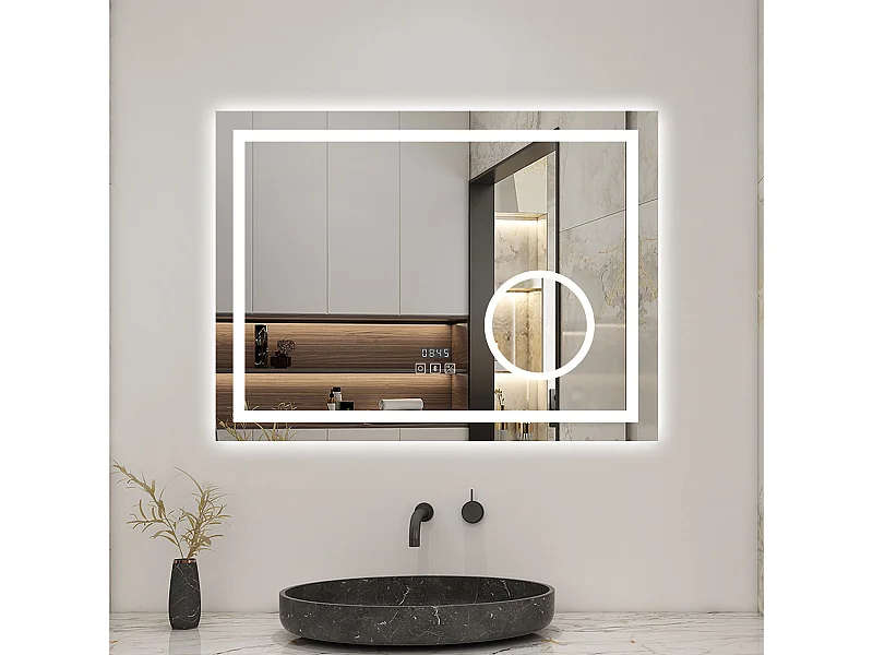 AICA Miroir 100x60cm LED Tricolore + Dimmable + 3x Loupe + Bluetooth + Horloge + Mémoire + Anti-Buée