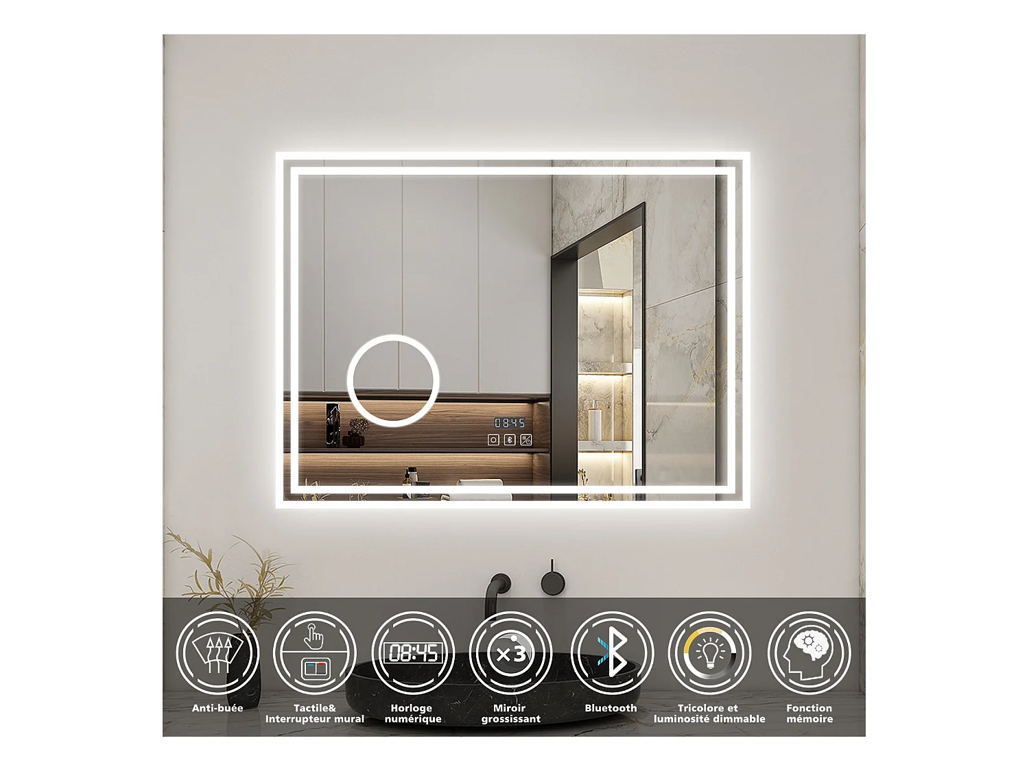 AICA Miroir LED 80x60cm 3 colours + Dimmable + 3x Loupe + Bluetooth + Horloge + Mémoire + Anti-Buée